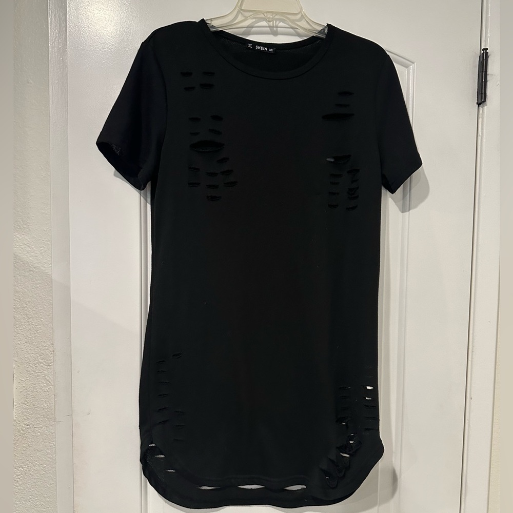 SHEIN little black mini dress with cutout distressed details.